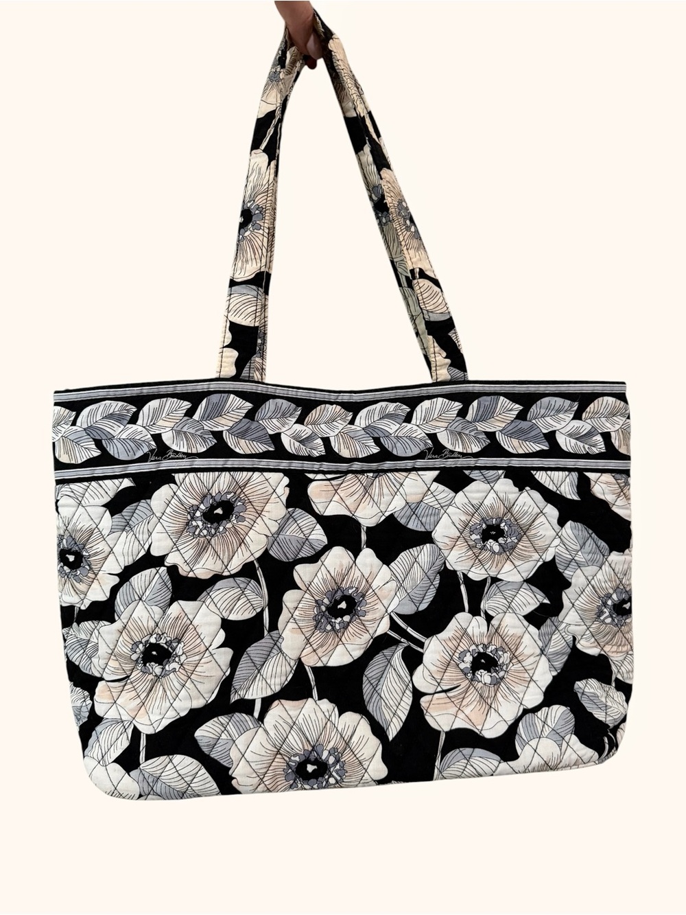 Vera Bradley Retired Camellia Black Blue Cream Floral Quilted Tote - Picture 3 of 12